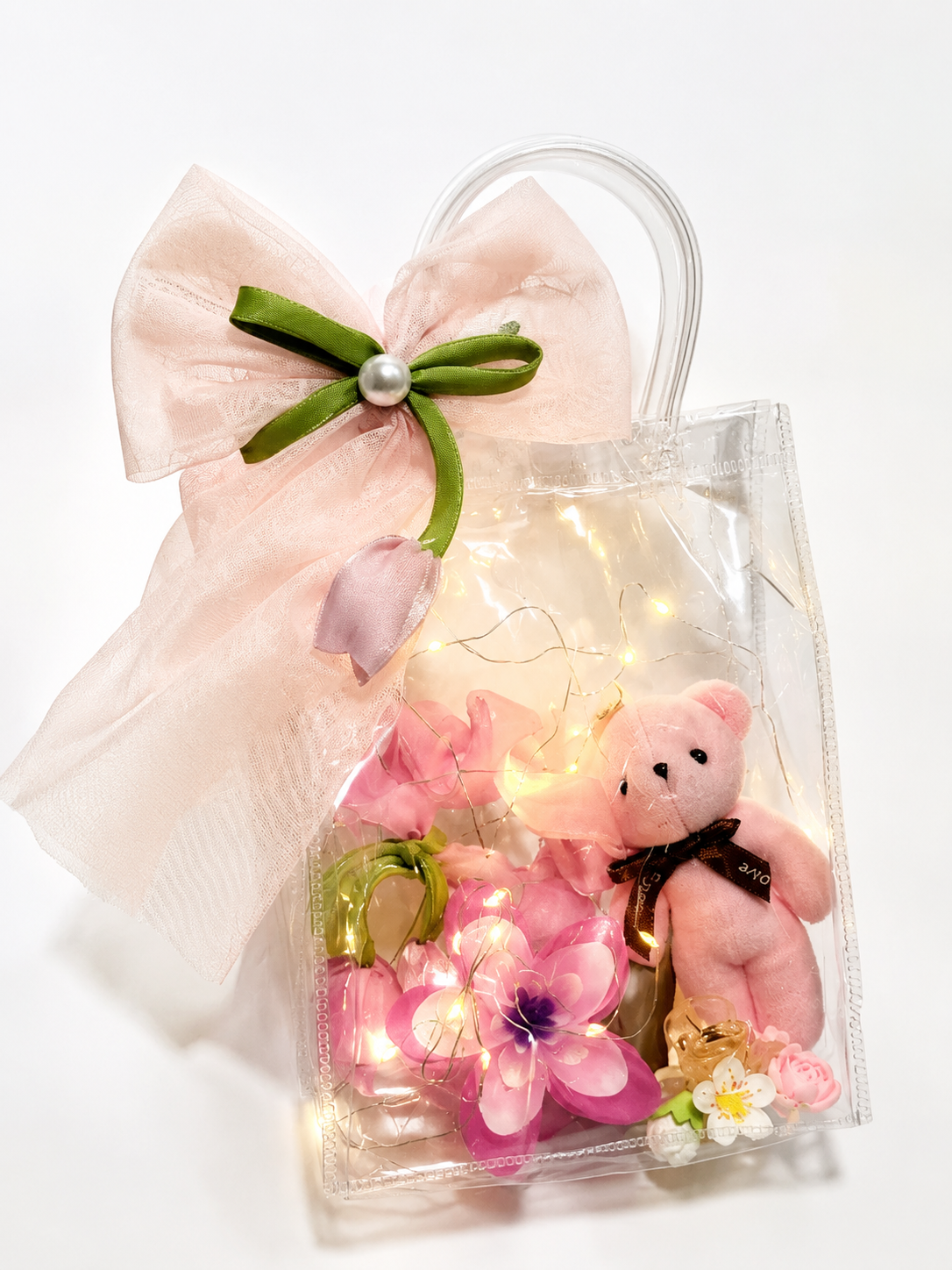 Pink Teddy LED Mini Gift Hamper in Transparent PVC Bag