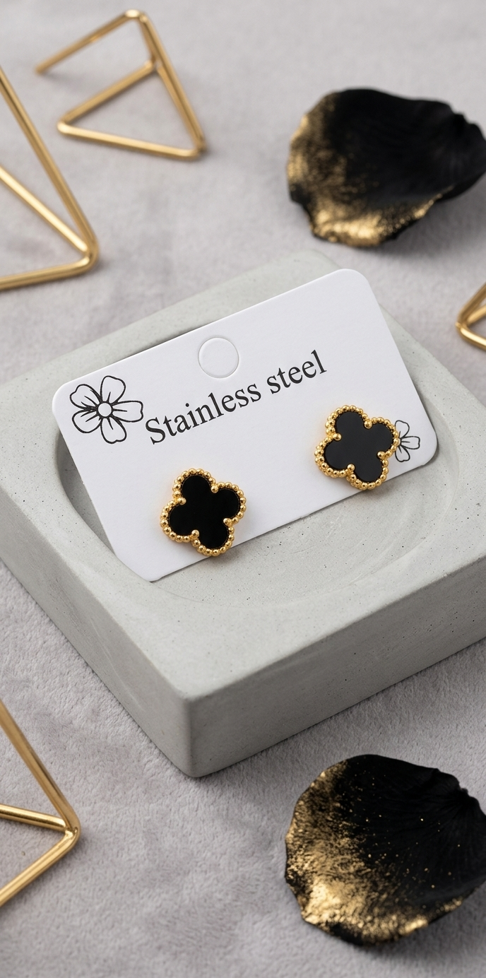 Black with gold Onyx-Style Four Leaf Clover Earrings