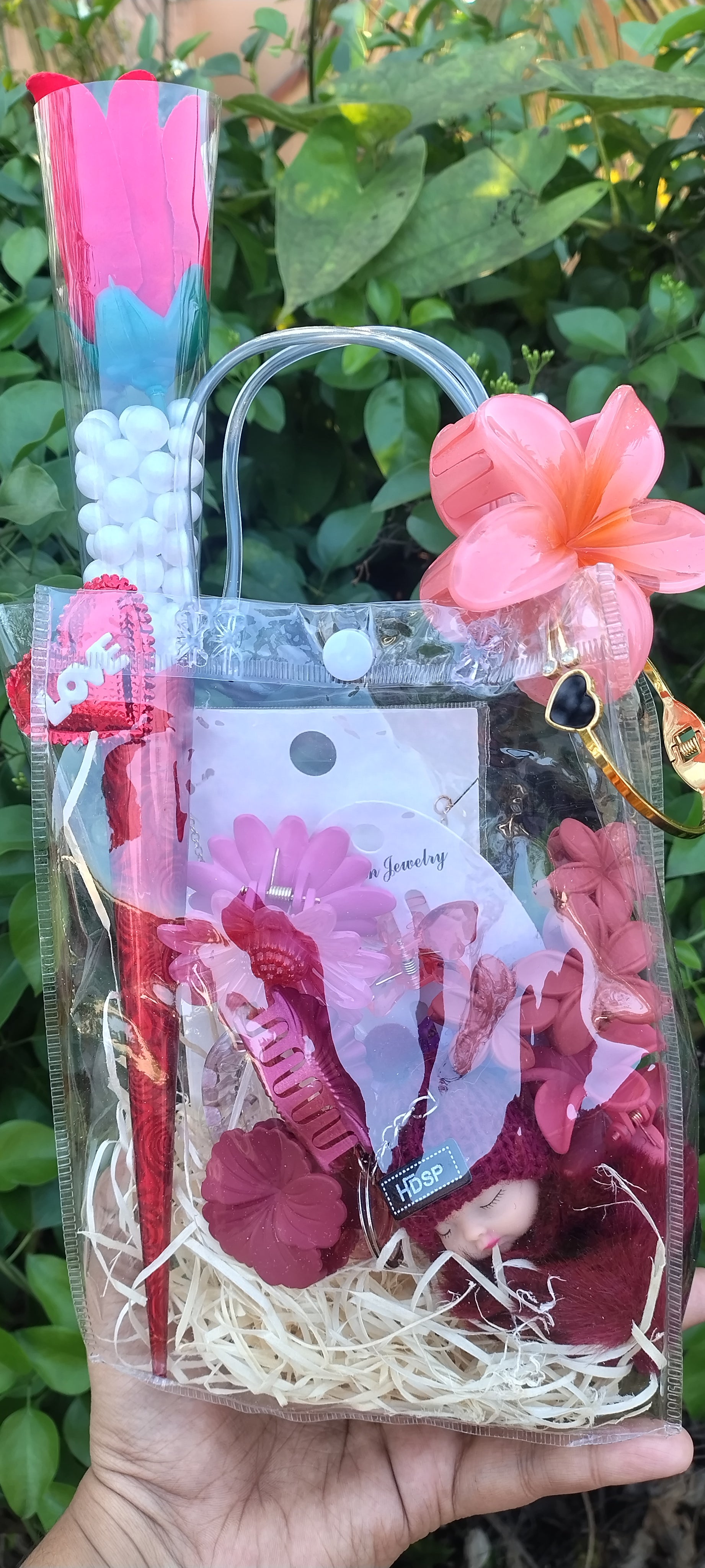 RED Floral Hair Accessories Gift Pouch with Cute Doll & Rose