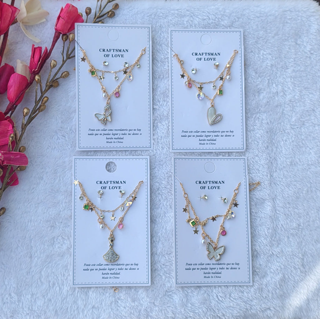 Elegant Layered Necklace Set with Stud Earrings | Butterfly & Star Charm Jewelry