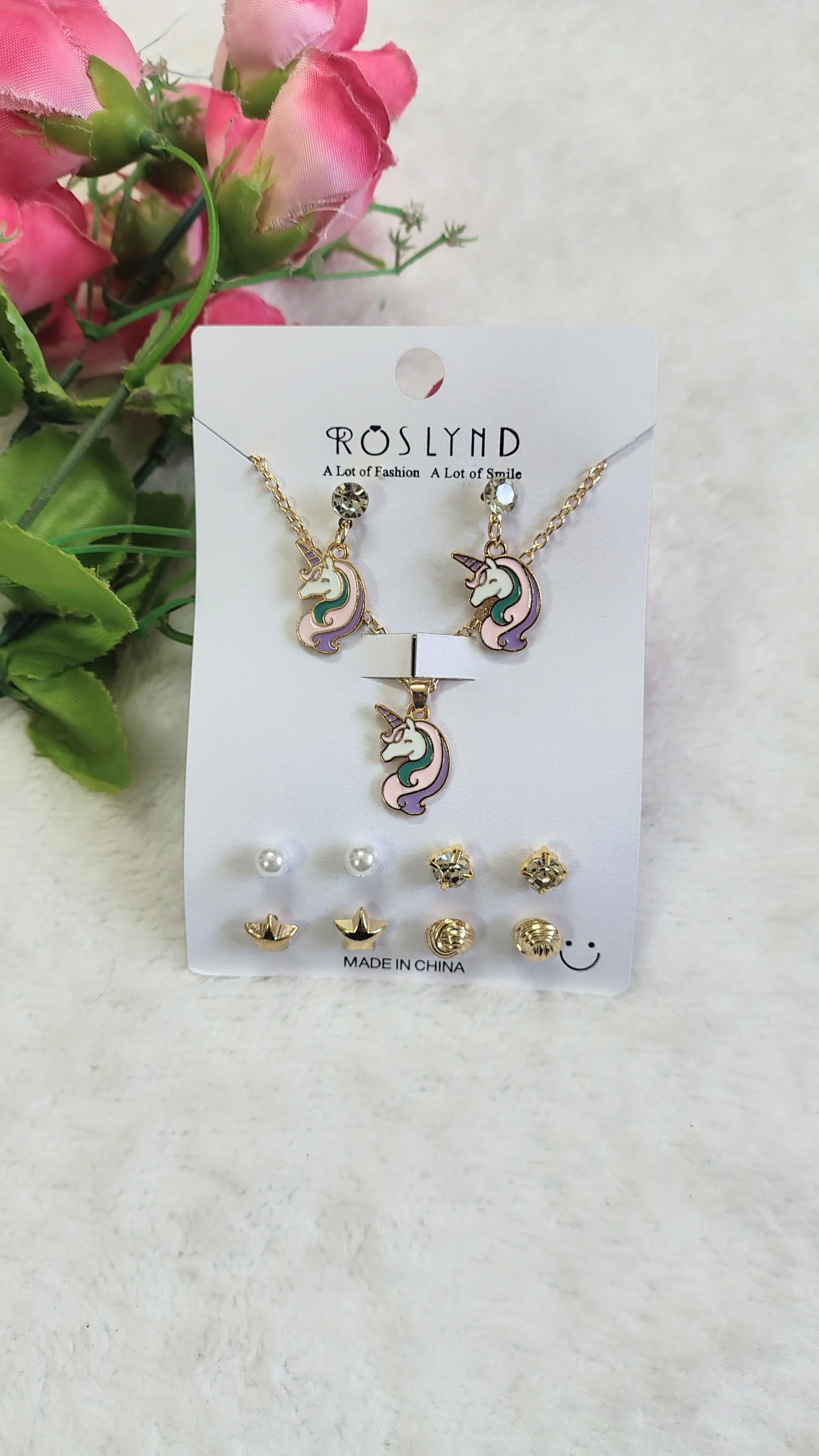 Unicorn  Pendant Necklace & Earrings Combo Set (5 Pairs + Chain)