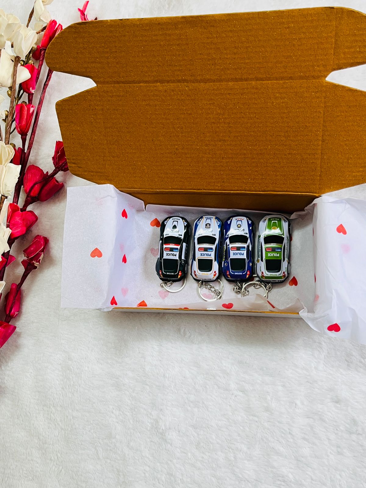 Mini Police Car Keychain Set for Boys – 4 Piece Gift Box