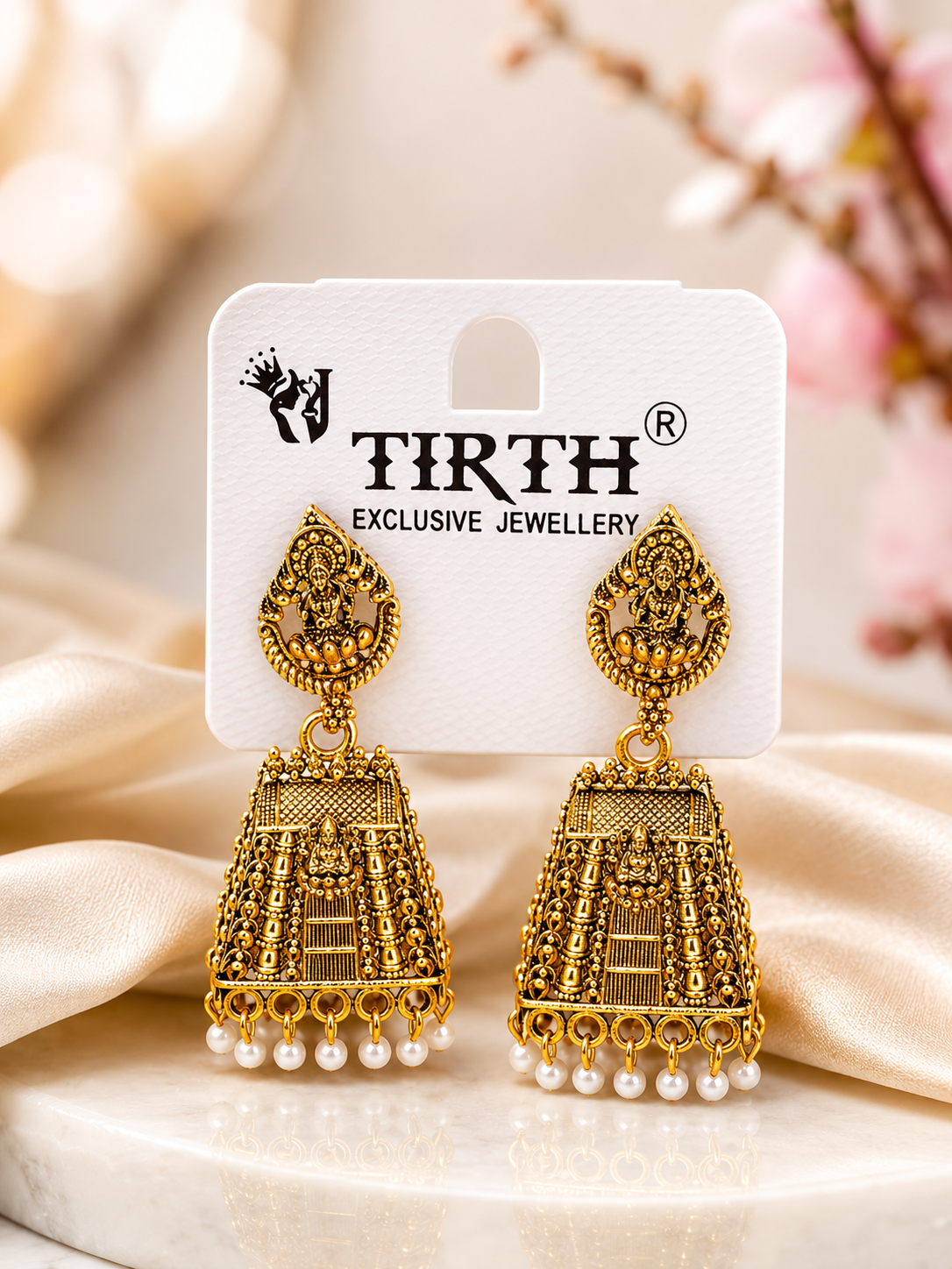 Antique Gold Temple Jhumka Earrings with Pearl Drops