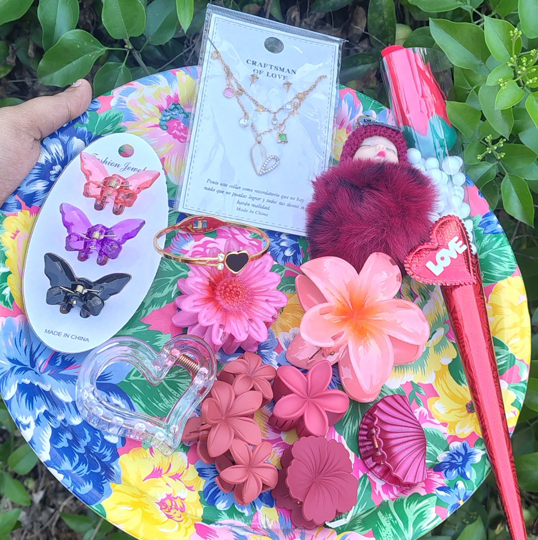 RED Floral Hair Accessories Gift Pouch with Cute Doll & Rose