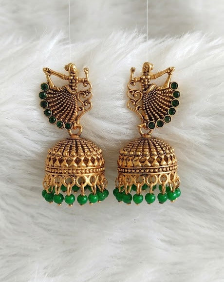 Antique Krishna Jhumka Earrings with Red Beads | Traditional Temple Jewellery for Women