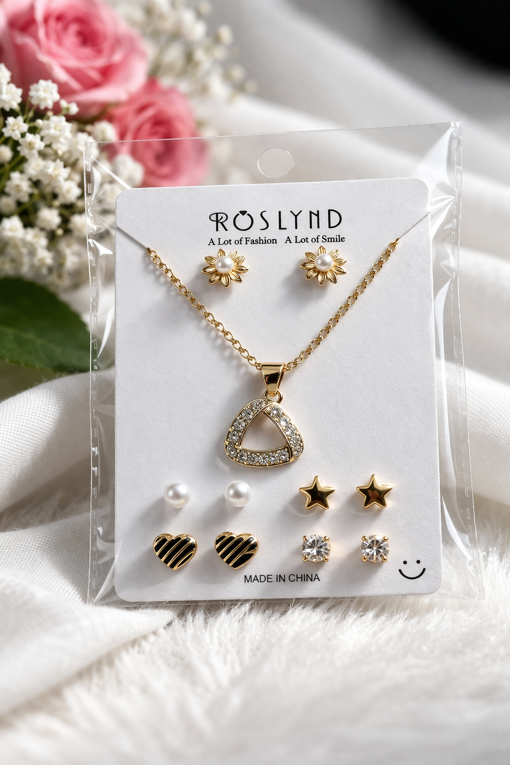 Gold Heart Pendant Necklace Set with Stud Earrings