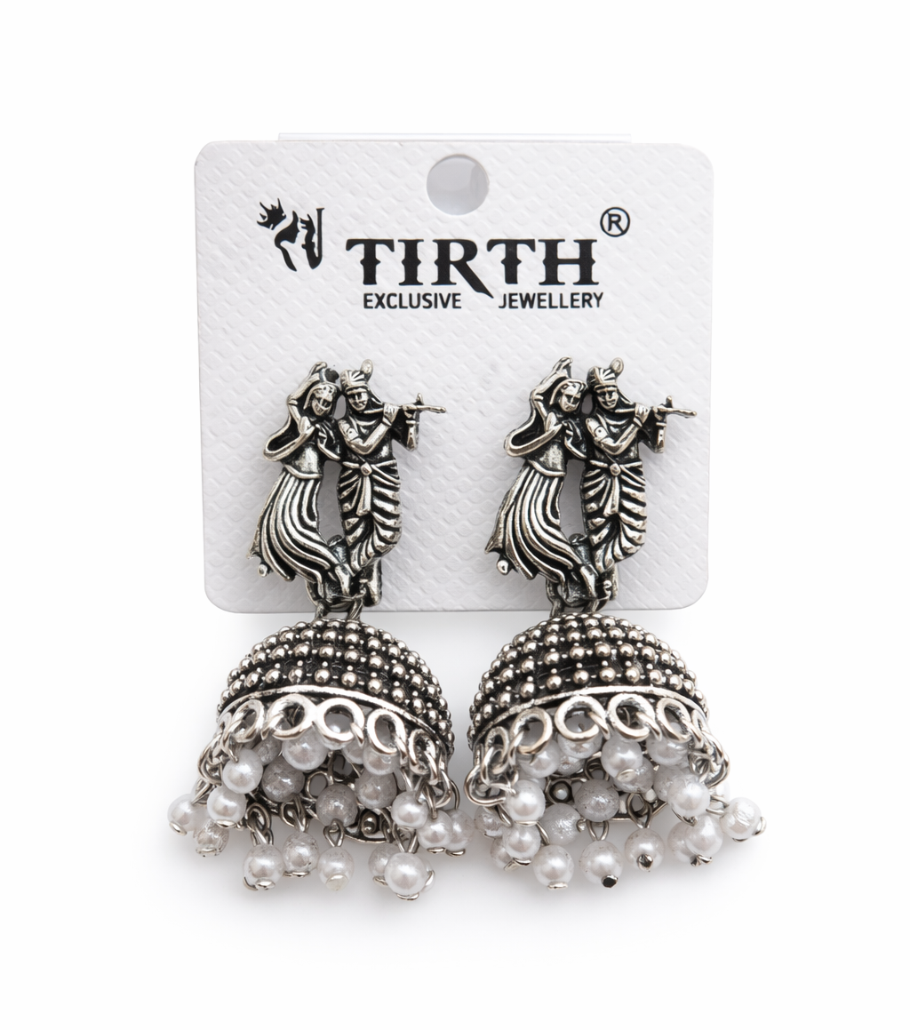 Oxidised Radha Krishna Jhumka Earrings with Pearl Drops