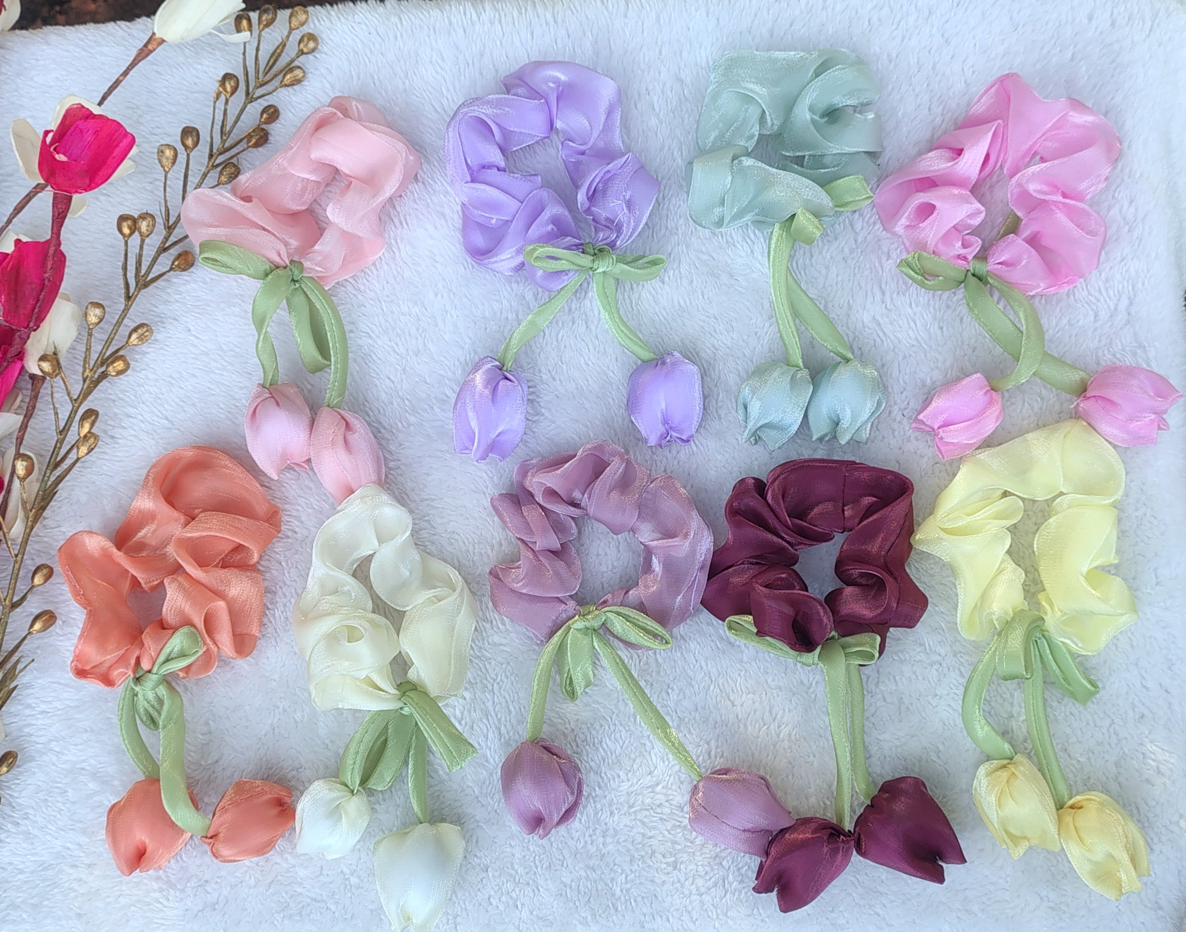 Floral Organza Scrunchies with Tulip Charm