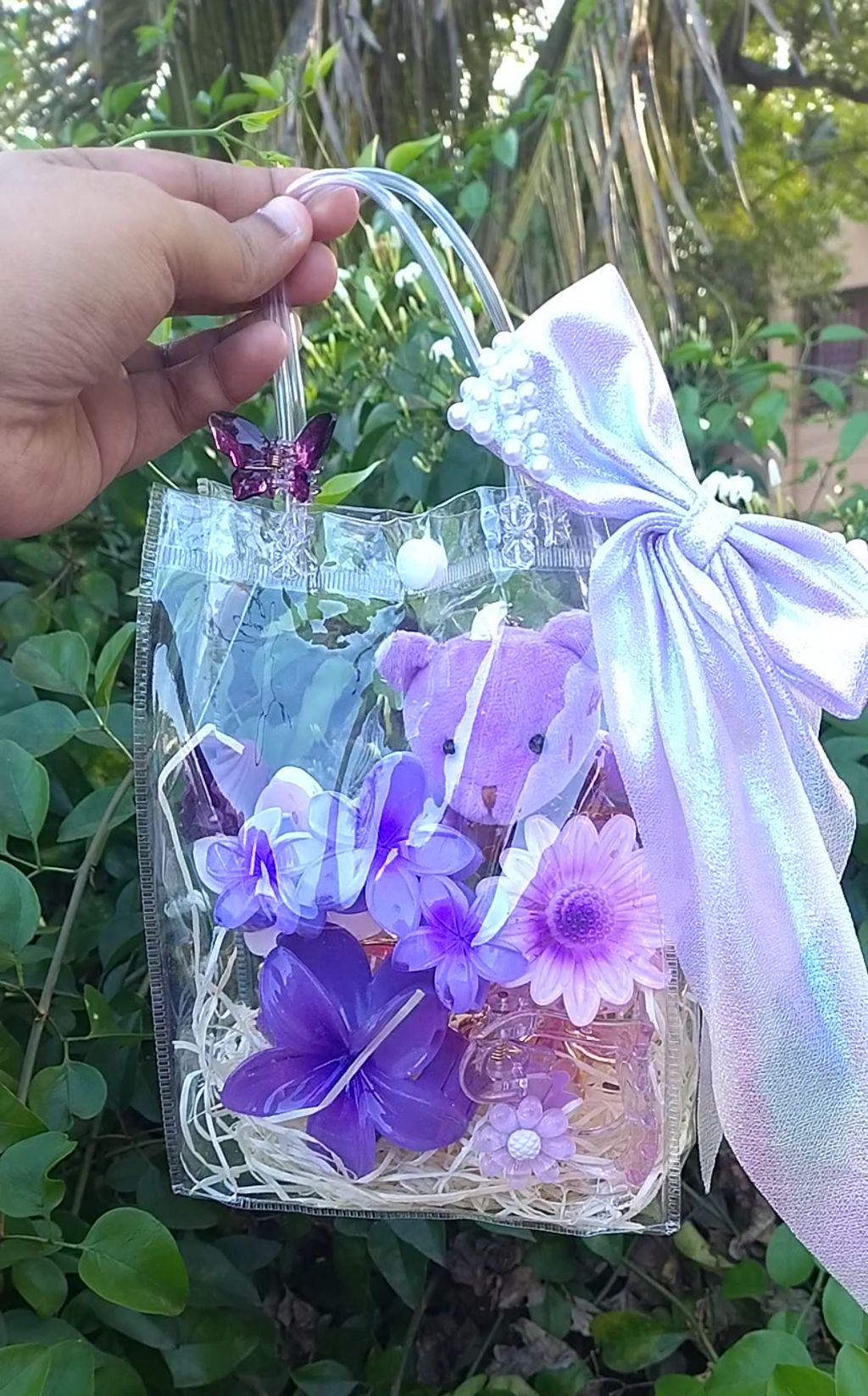 Purple Teddy Gift Pouch with Floral Hair Accessories Set