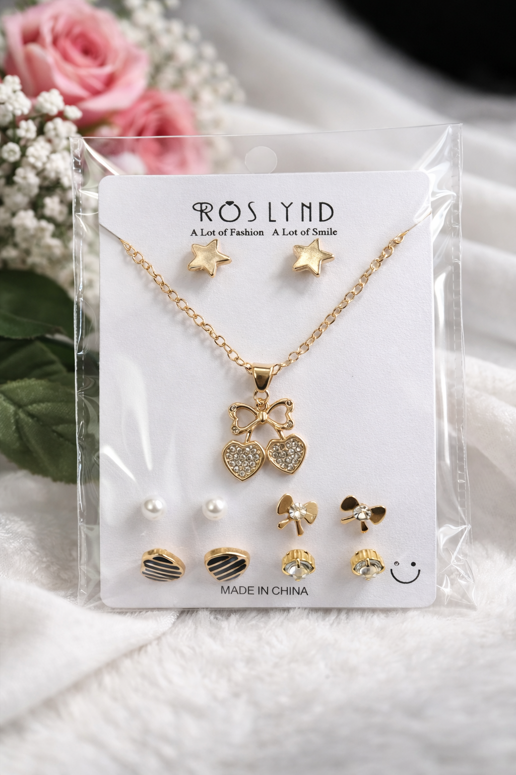 Gold Bow Heart Pendant Necklace Set with Stud