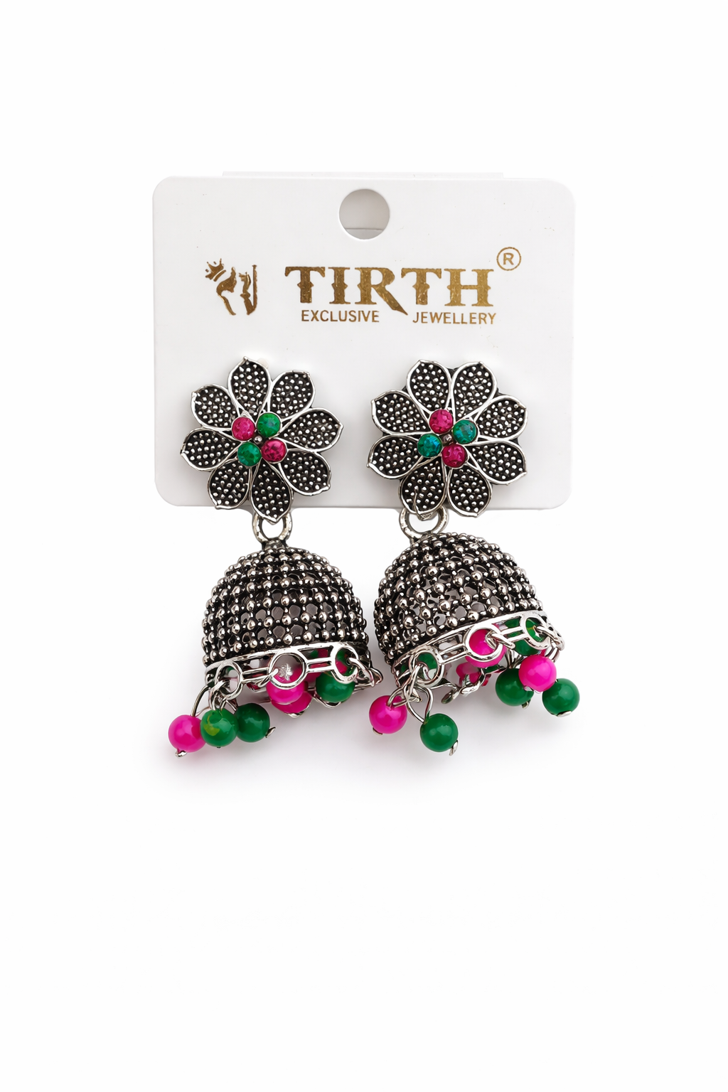 Oxidised Floral Jhumka Earrings with Pink & Green Beads