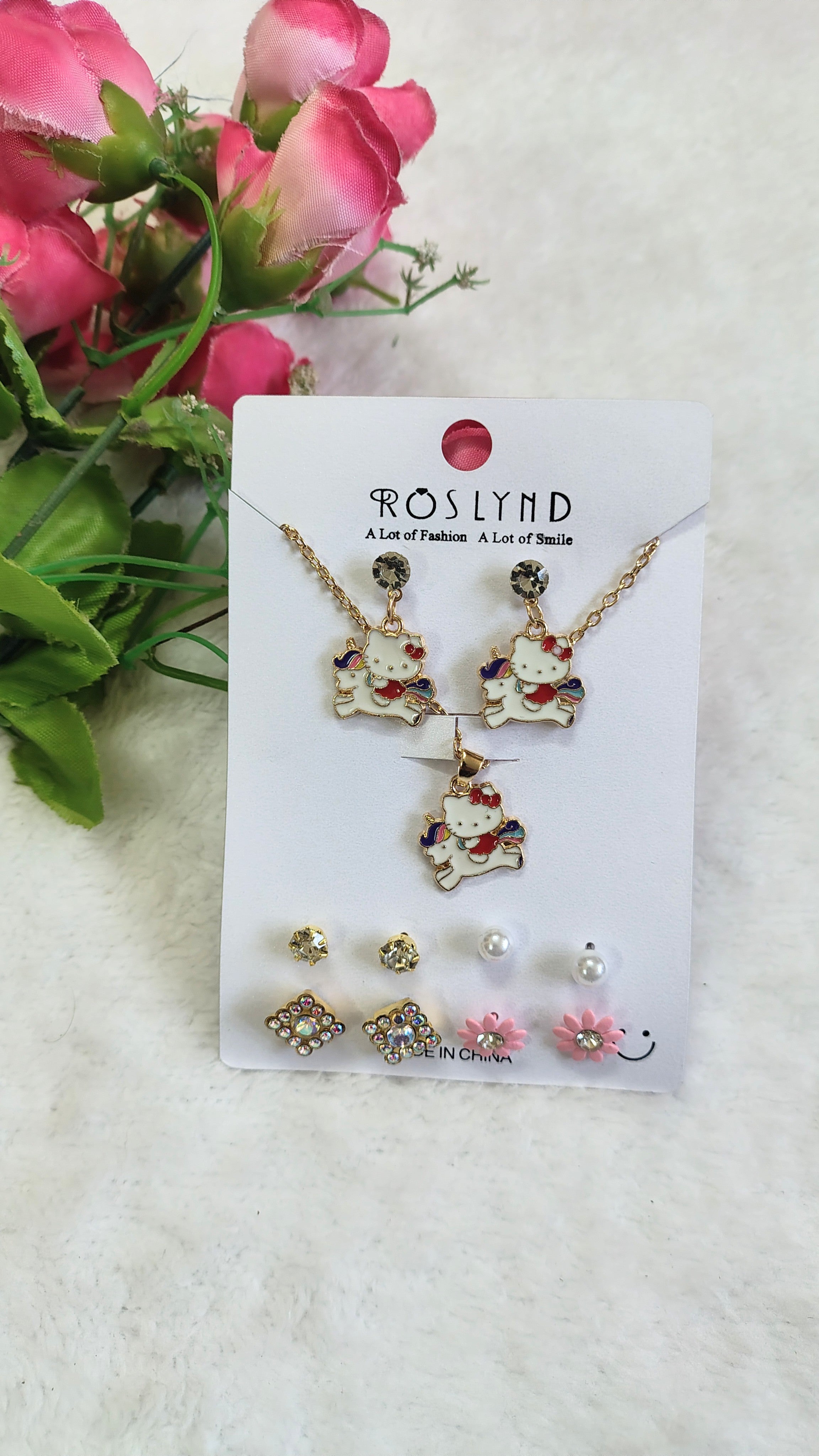 Cute Kitty unicorn Pendant Necklace & Earrings Combo Set (5 Pairs + Chain)