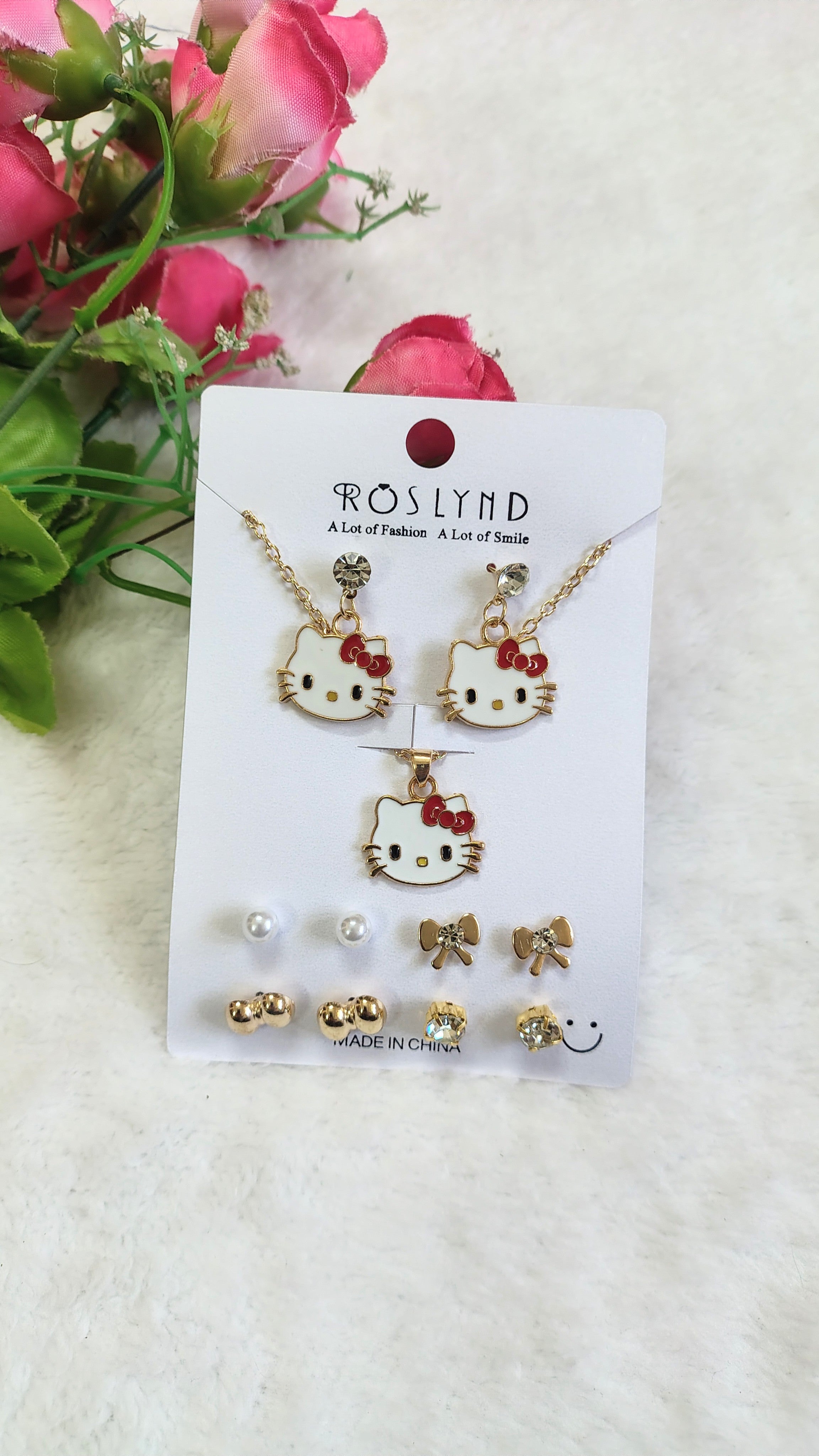 Hello kitty Pendant Necklace & Earrings Combo Set (5 Pairs + Chain)