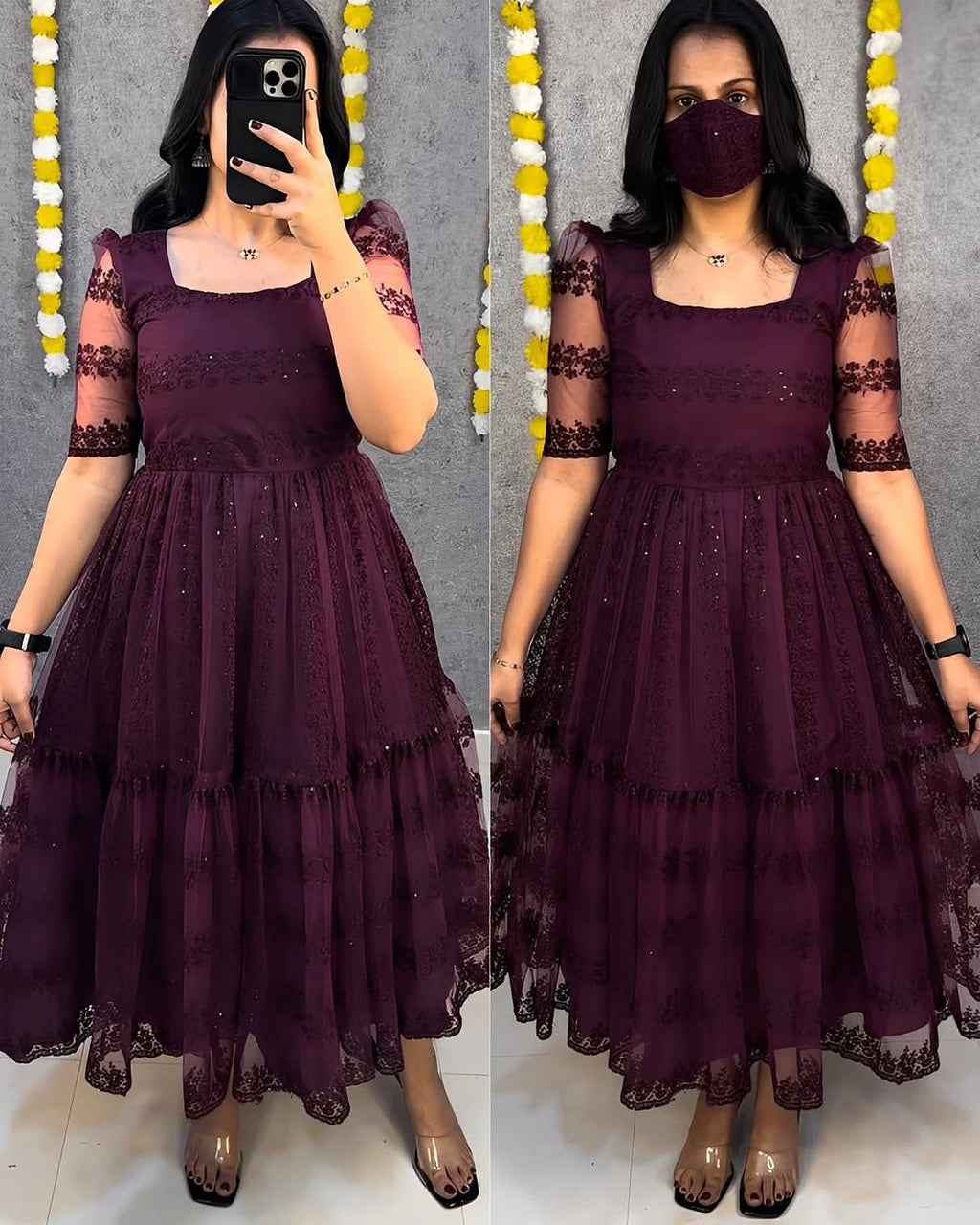 Beautiful flower-embroidery sequence work frocks