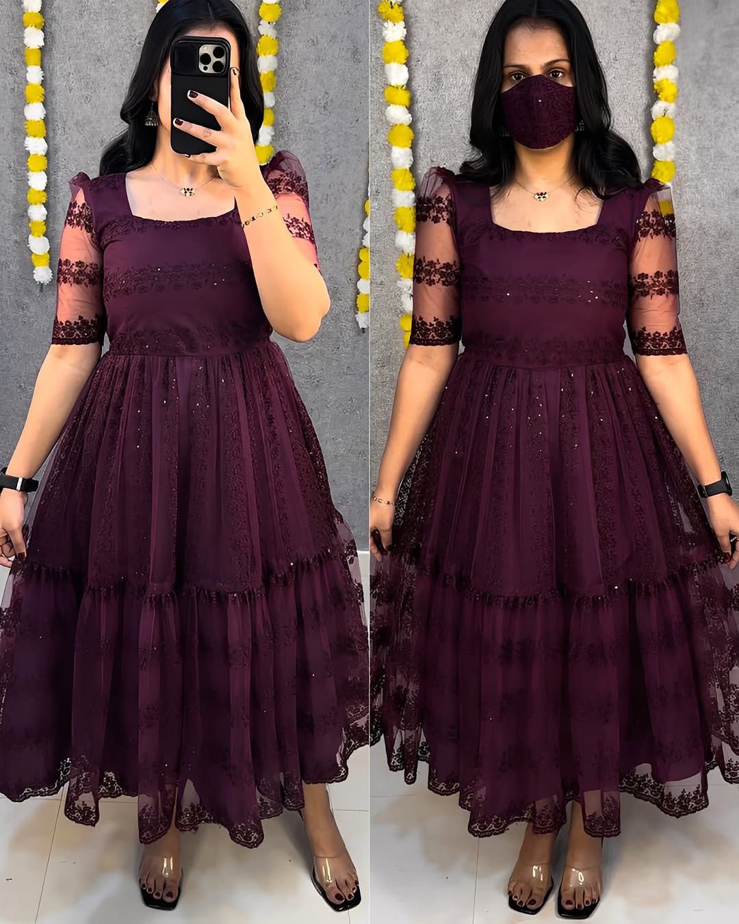 Beautiful flower-embroidery sequence work frocks