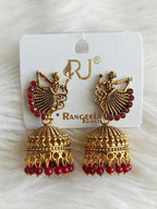 Antique Krishna Jhumka Earrings with Red Beads | Traditional Temple Jewellery for Women