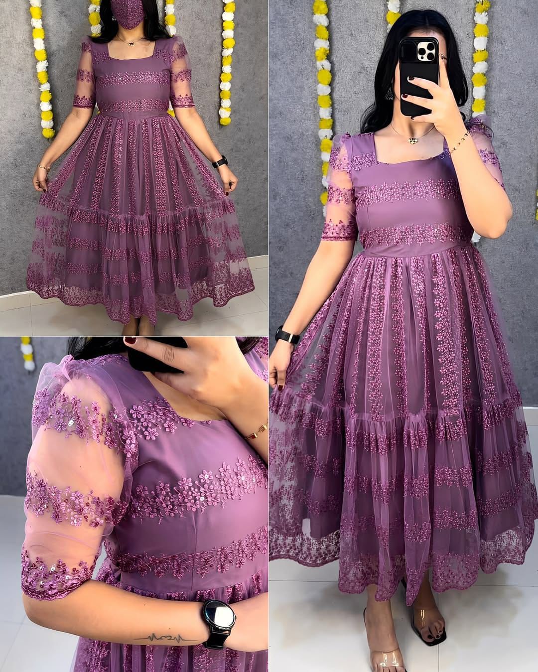 Beautiful flower-embroidery sequence work frocks