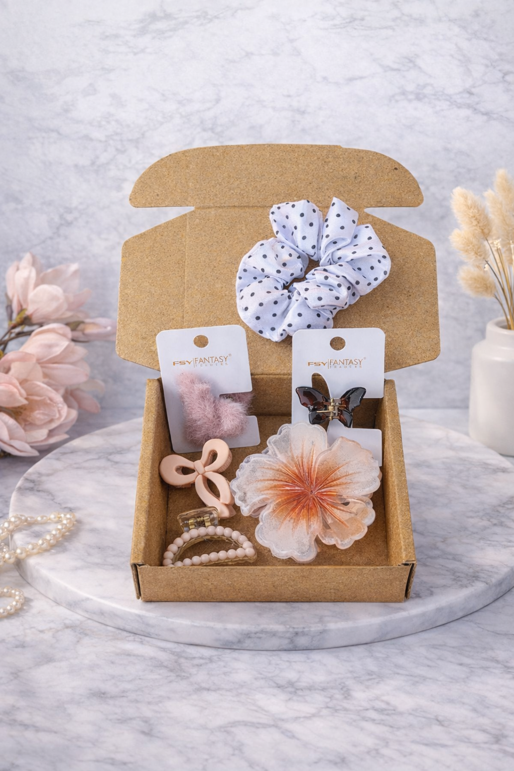 Cute hair accessories hamper with scrunchies and clips