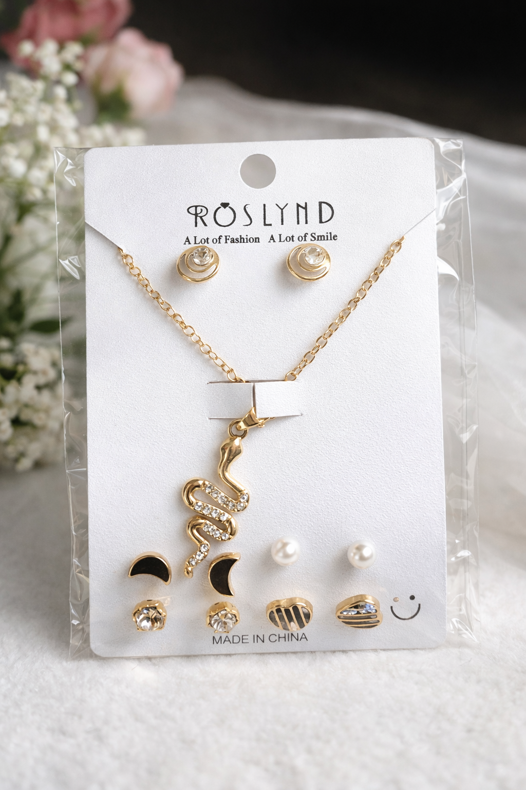 Gold Snake Pendant Necklace with Stud Earrings Combo Set