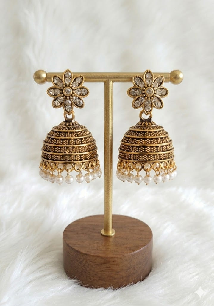 Antique Gold Floral Pearl Jhumka Earrings | Traditional Ethnic Jewellery for Women