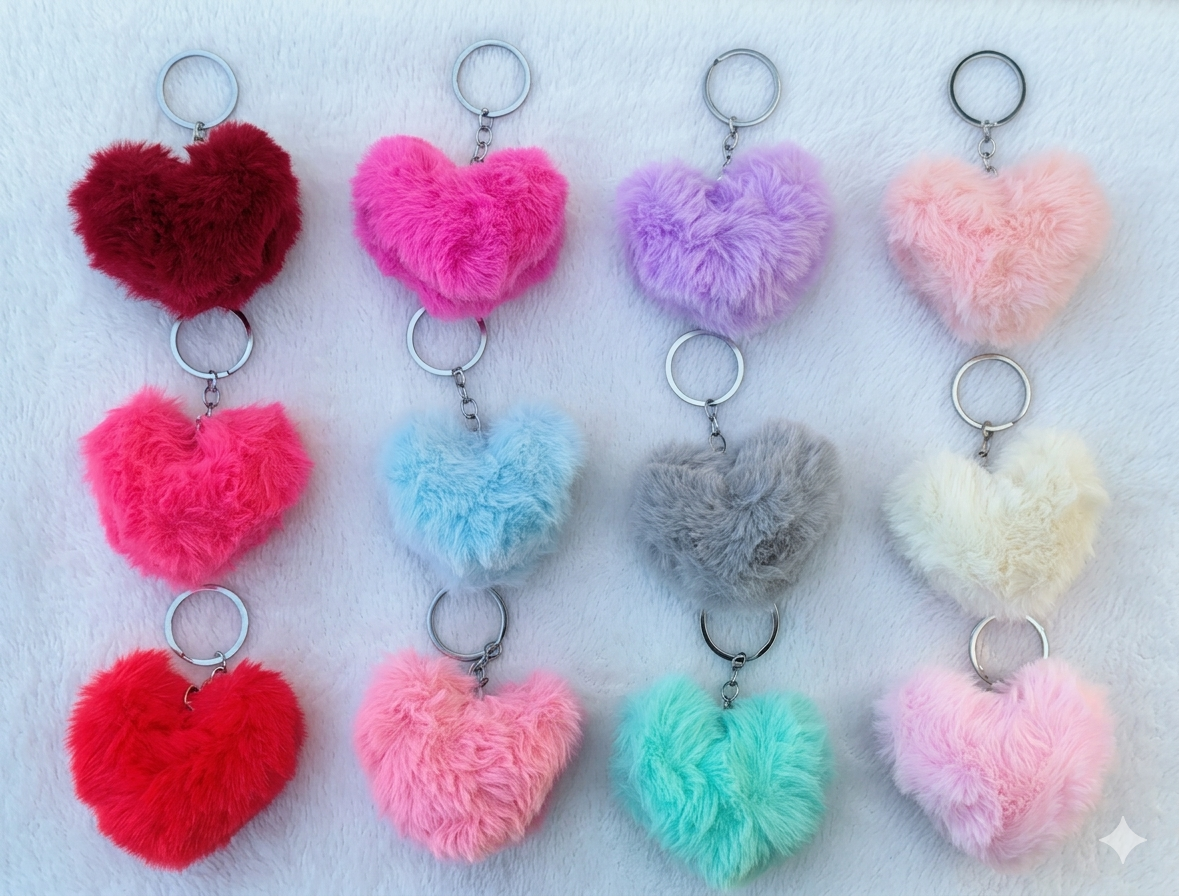 Soft Fur Heart Keychain – Multicolor Cute Bag Charm