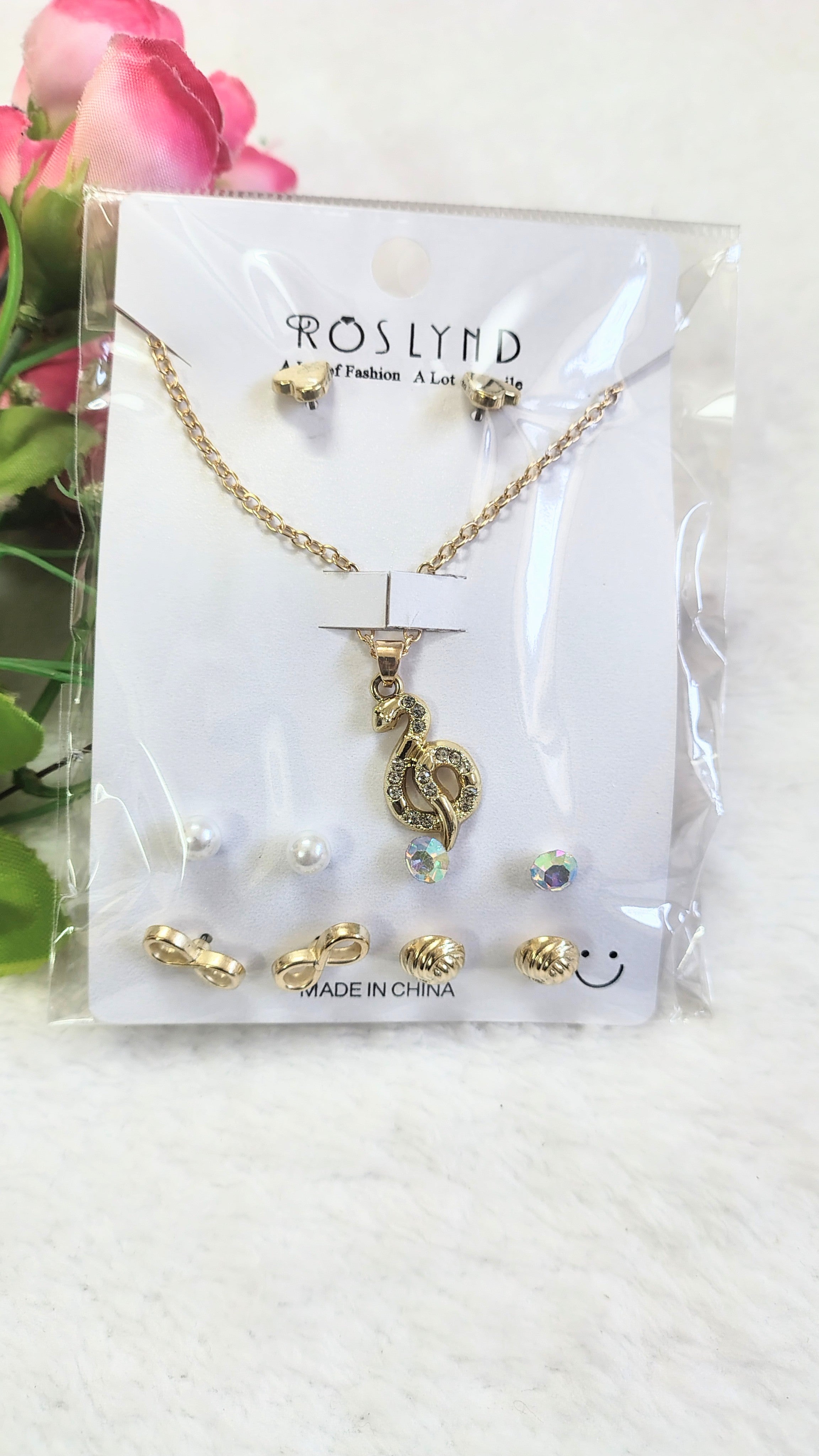 Gold Swan Pendant Necklace Set with Stud