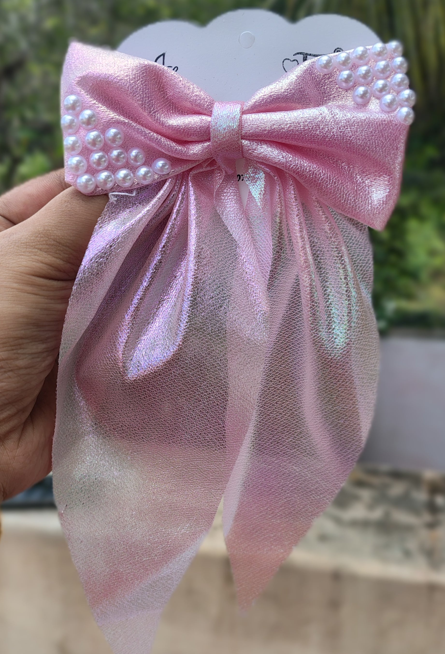 Shimmer long-tail pearl bow hair clip for girls