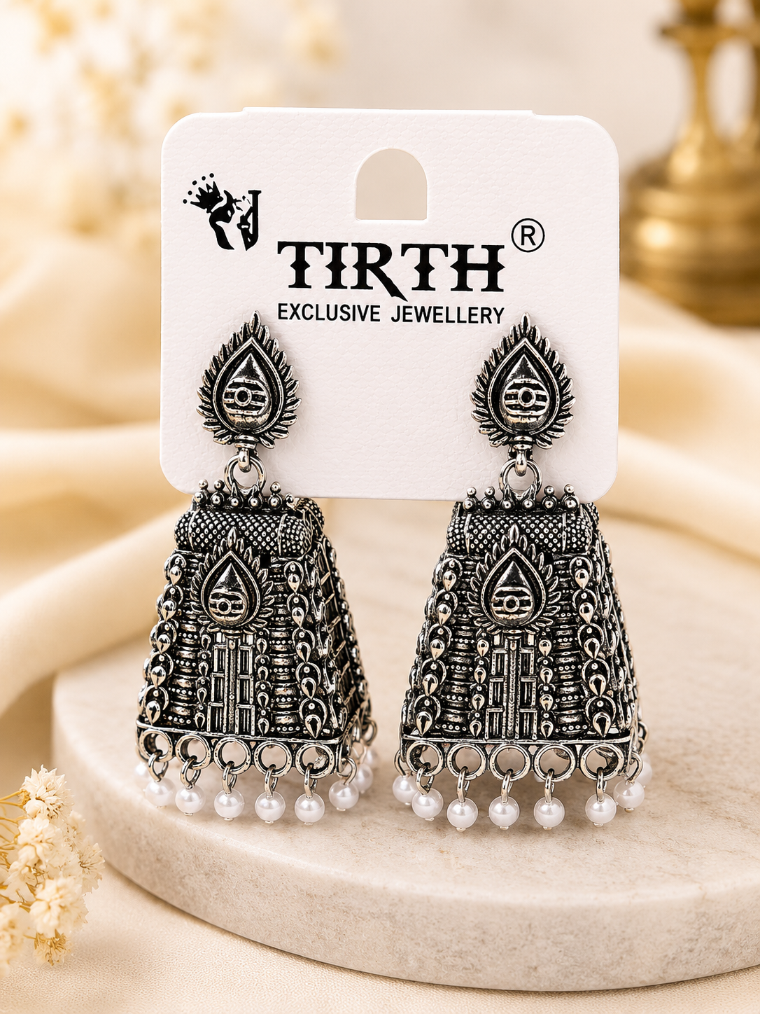 Temple Design Jhumka Earrings with Pearl Drops