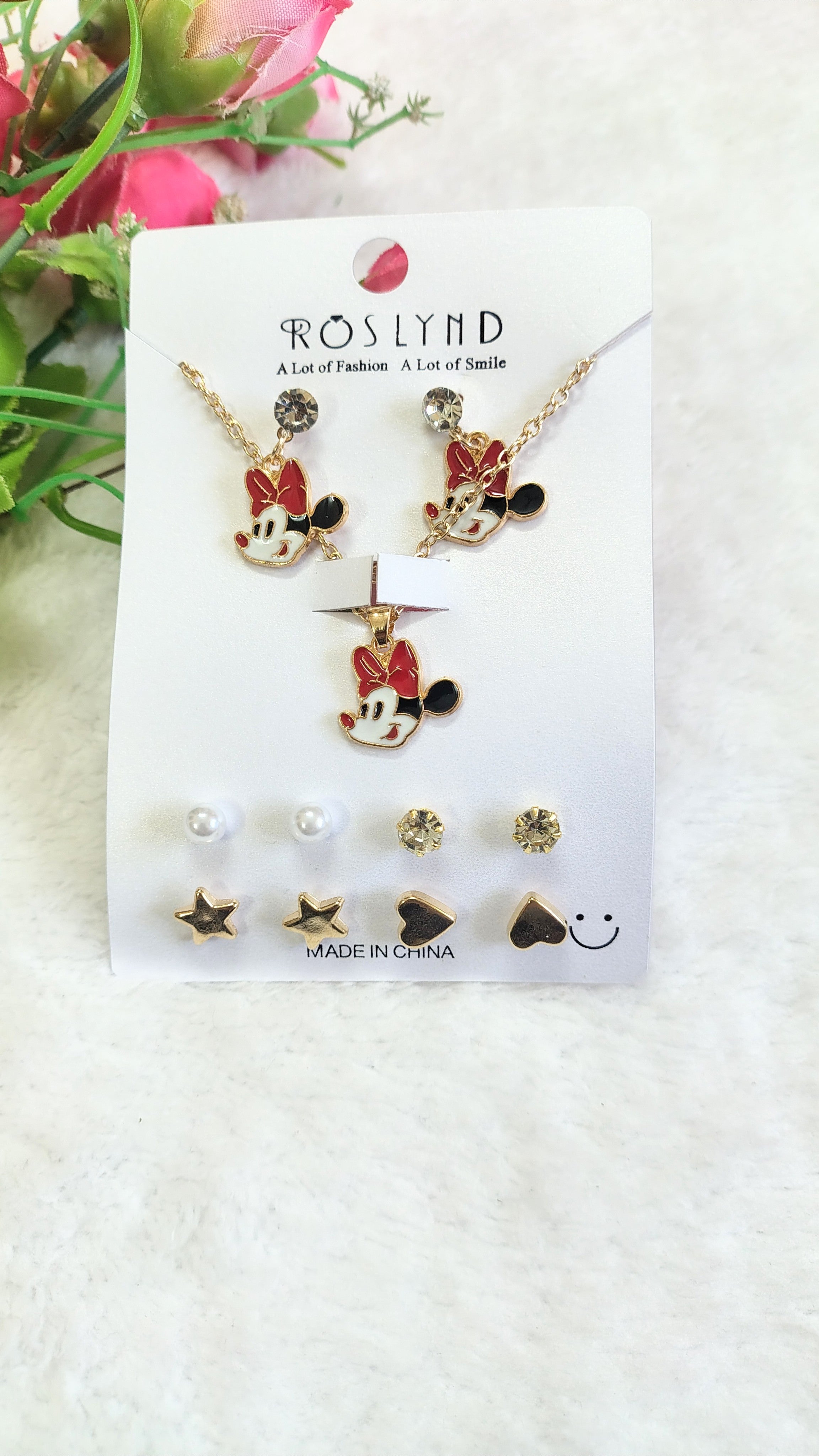 Mickey mouse Pendant Necklace & Earrings Combo Set (5 Pairs + Chain)
