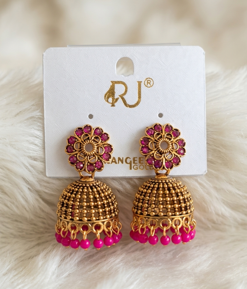 Floral Stud Antique Gold Jhumka Earrings