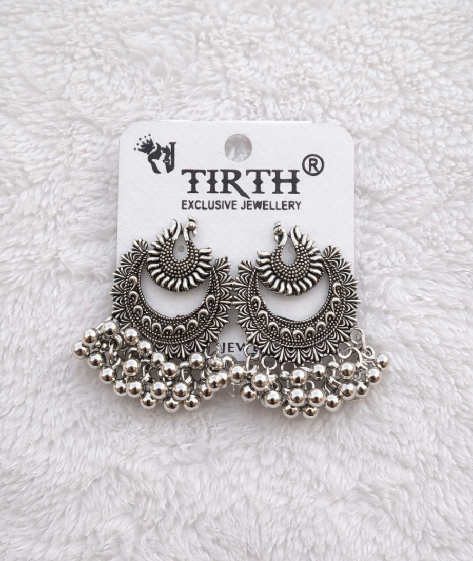Oxidised Peacock Chandbali Earrings with Beaded Drops