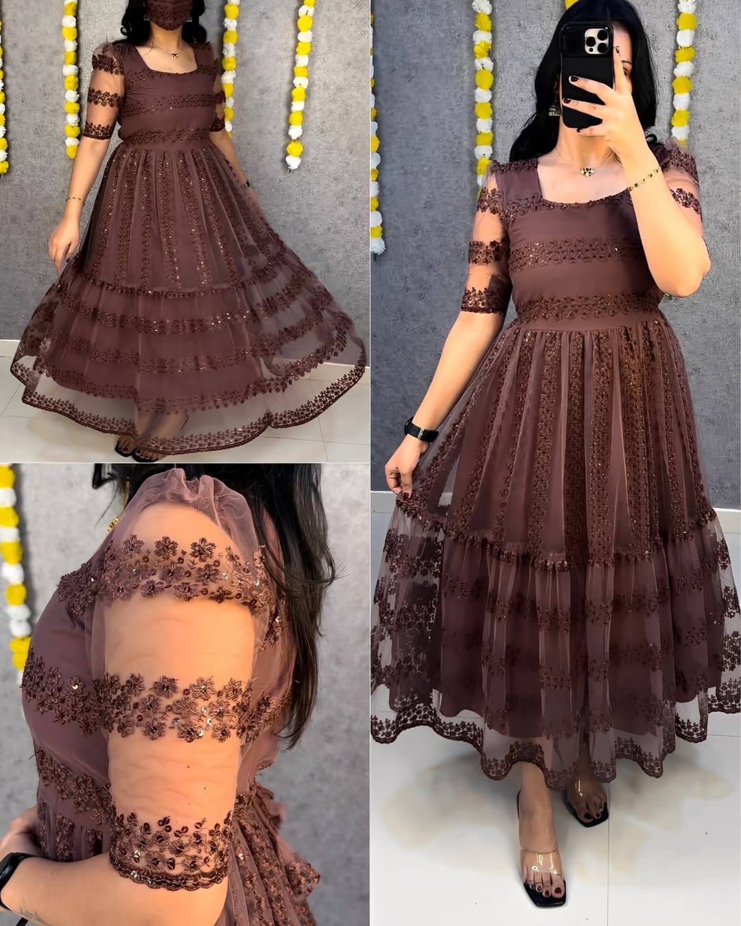 Beautiful flower-embroidery sequence work frocks