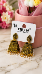 Temple Design Jhumka Earrings with Pearl Drops