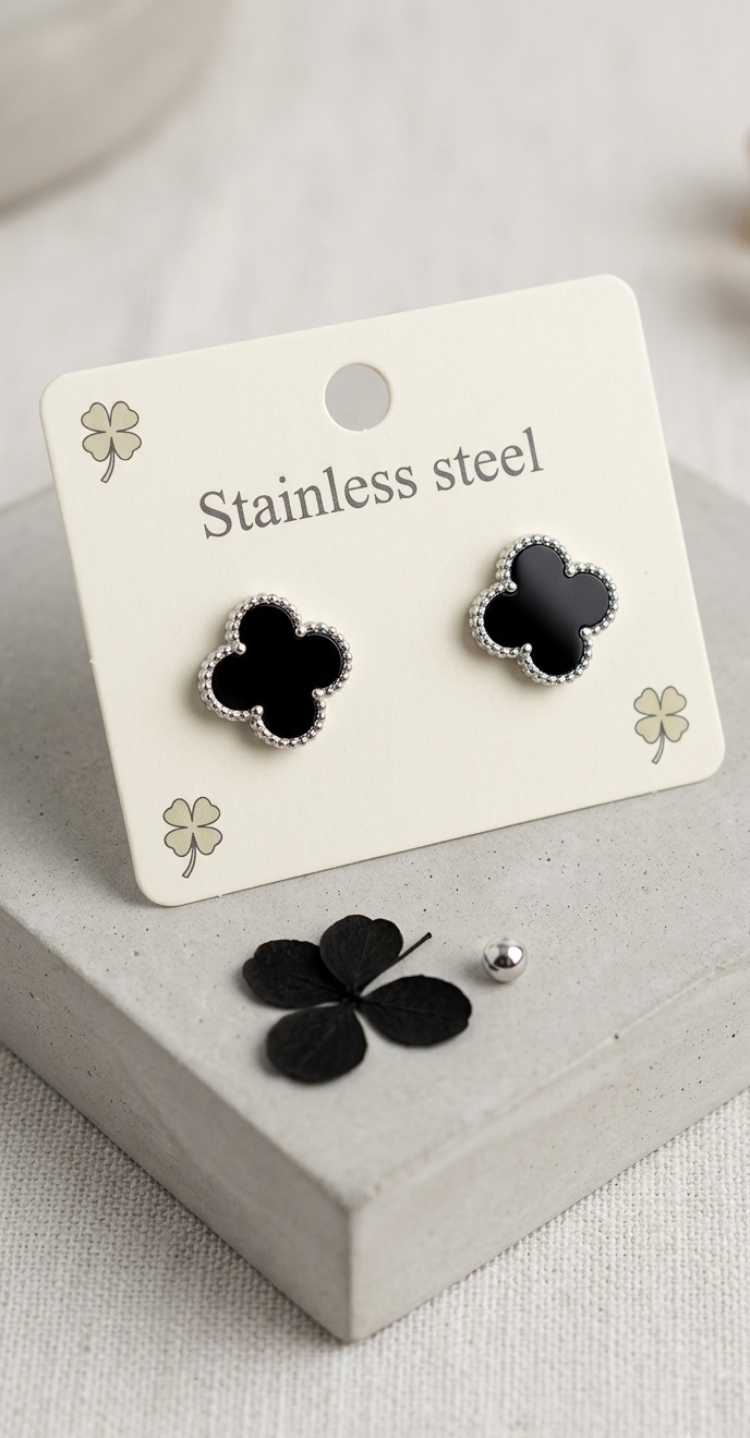 Black with silver Onyx-Style Four Leaf Clover Earrings