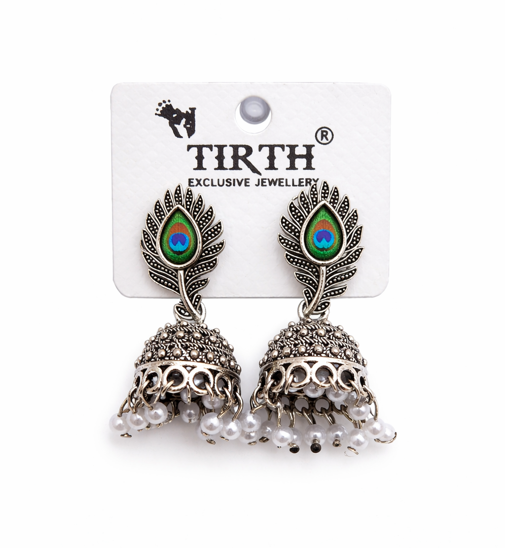 Oxidised Peacock Feather Jhumka Earrings with Pearl Drops