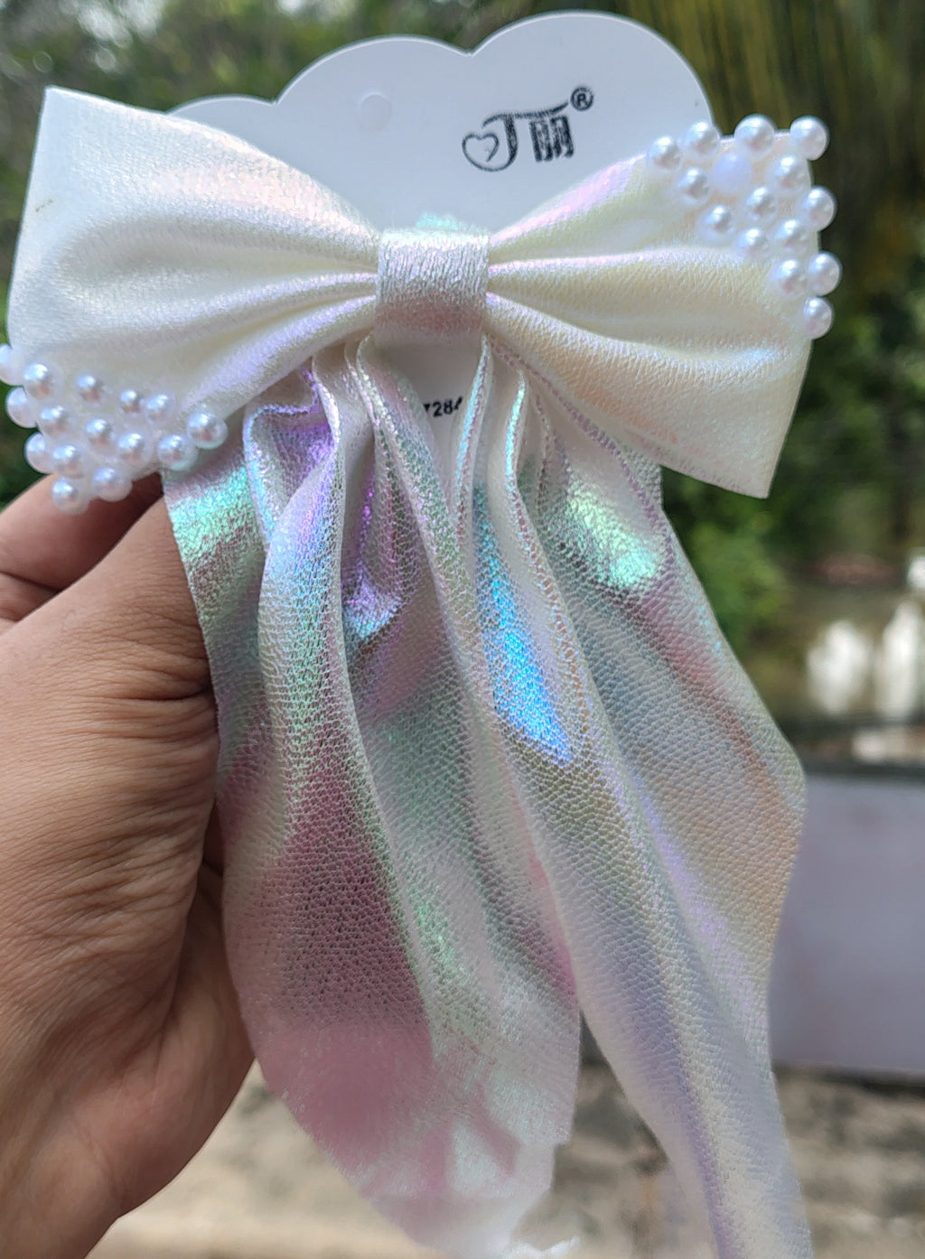 White Shimmer long-tail pearl bow hair clip for girls