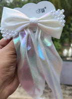 White Shimmer long-tail pearl bow hair clip for girls