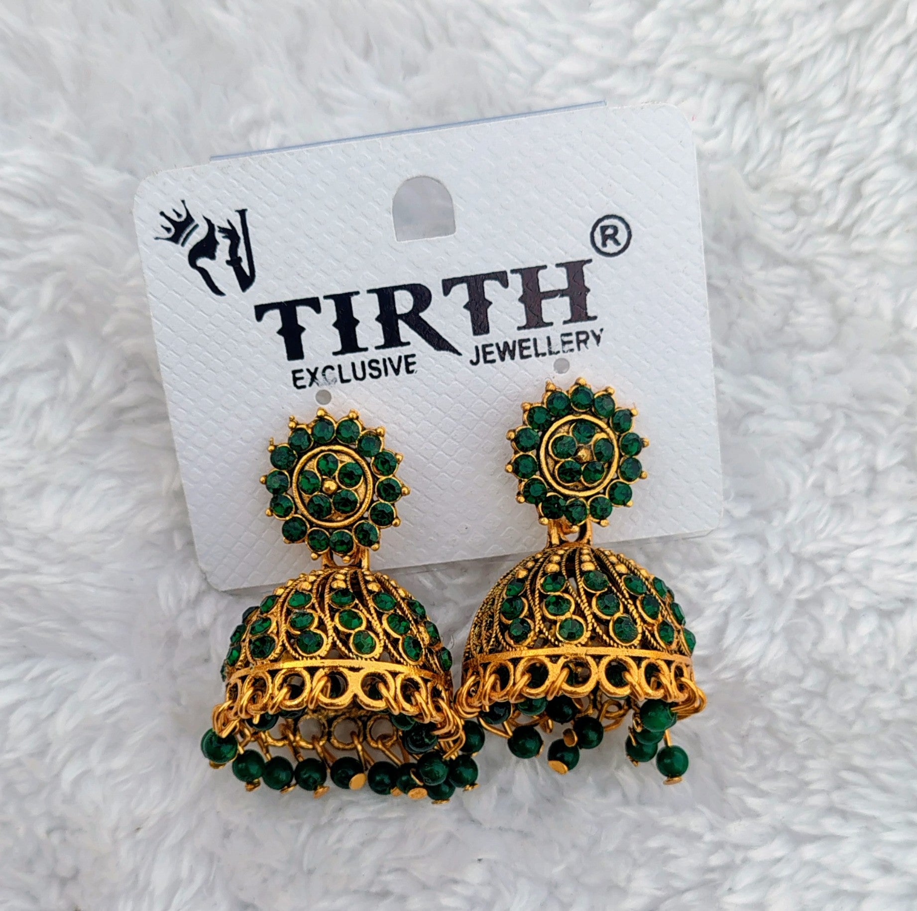 Traditional Stone Jhumka Earrings – Antique Gold Finish