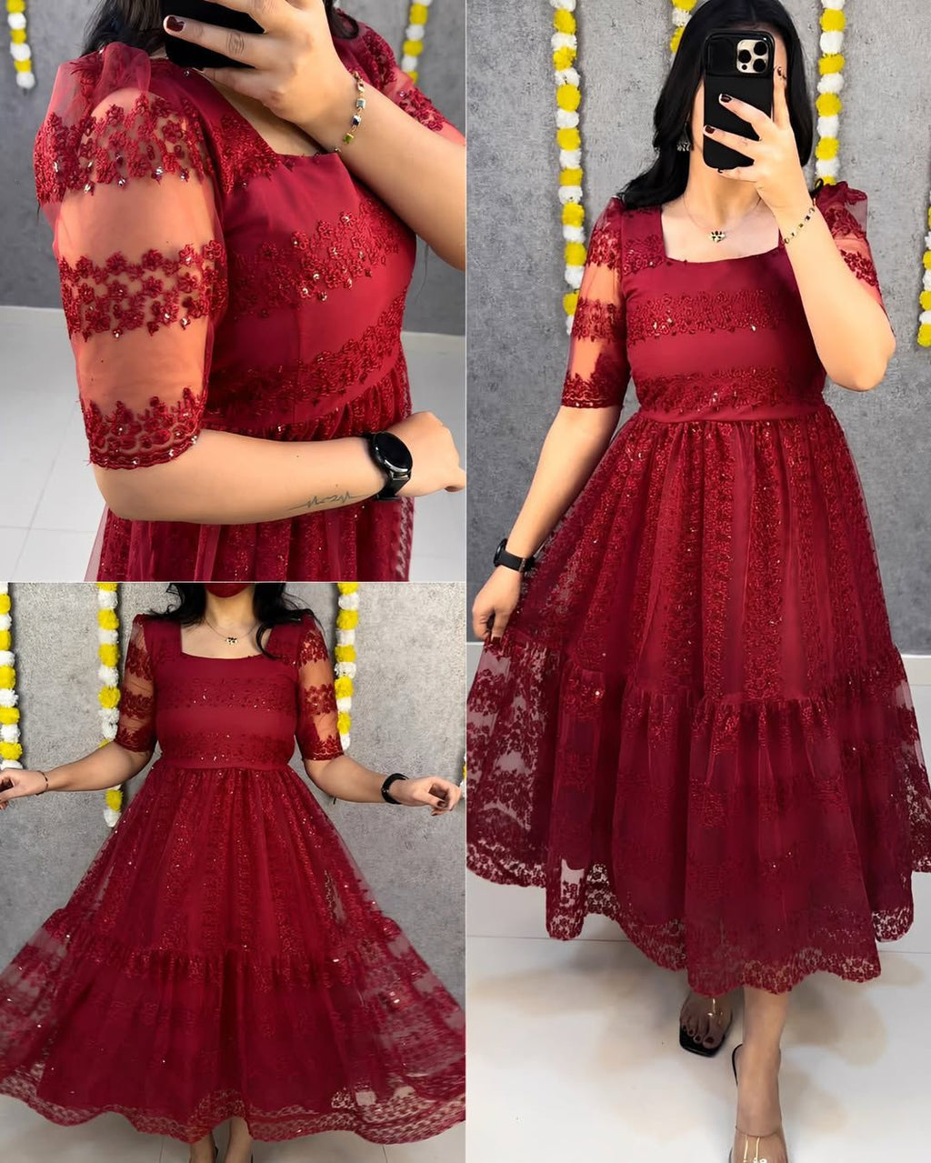 Beautiful flower-embroidery sequence work frocks