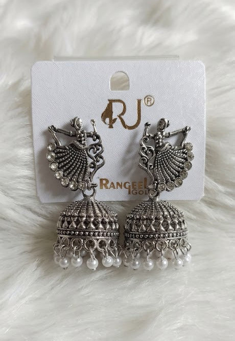Antique Krishna Jhumka Earrings with Red Beads | Traditional Temple Jewellery for Women