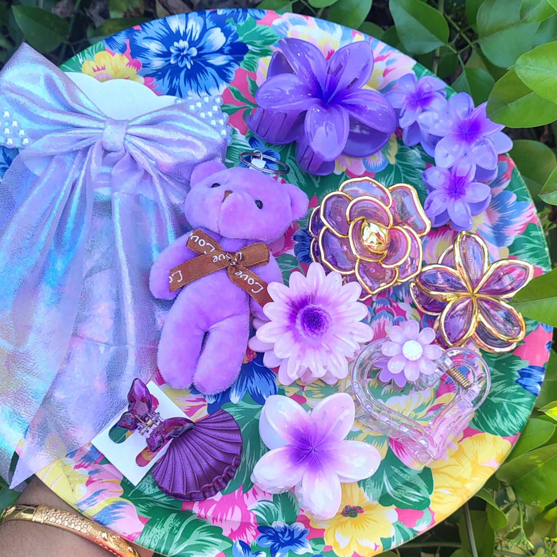 Purple Teddy Gift Pouch with Floral Hair Accessories Set