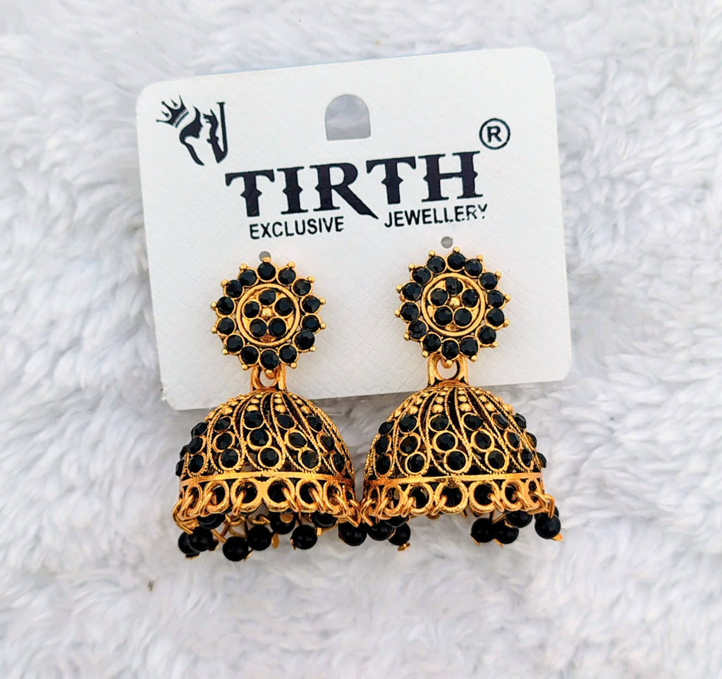 Traditional Stone Jhumka Earrings – Antique Gold Finish
