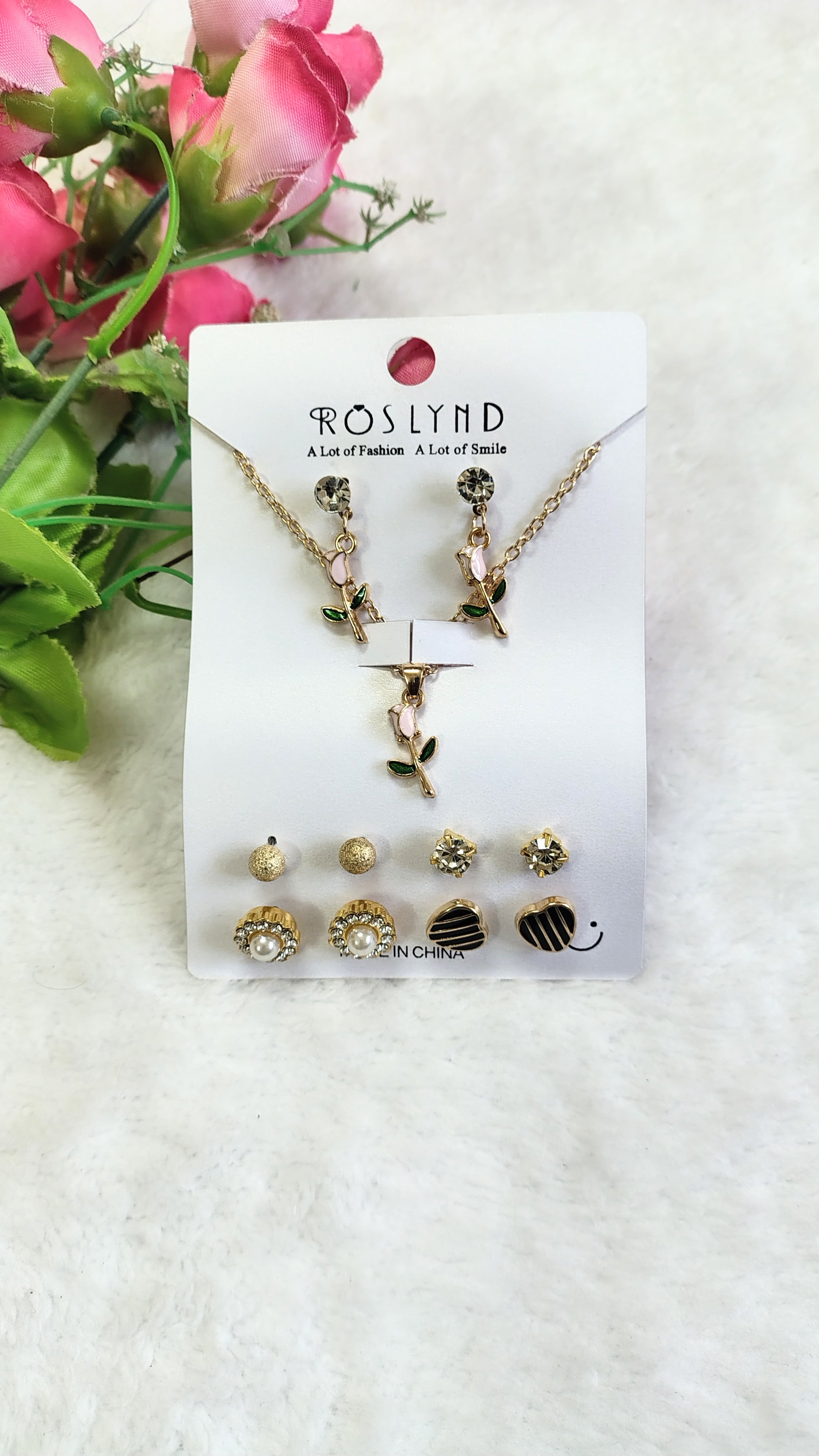 Pink Rose Pendant Necklace & Earrings Combo Set (5 Pairs + Chain)