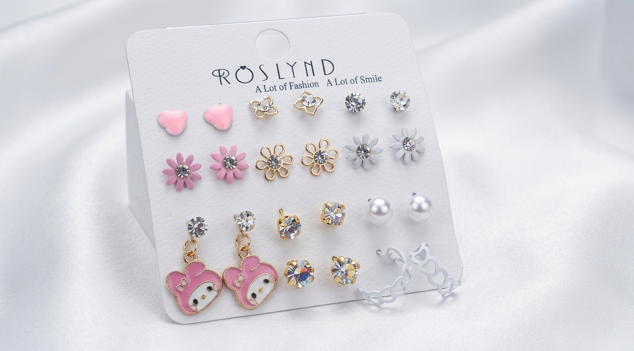 Roslynd 12-Pair "Sweet Smile" Earring Collection – My Melody & Floral Stud Set