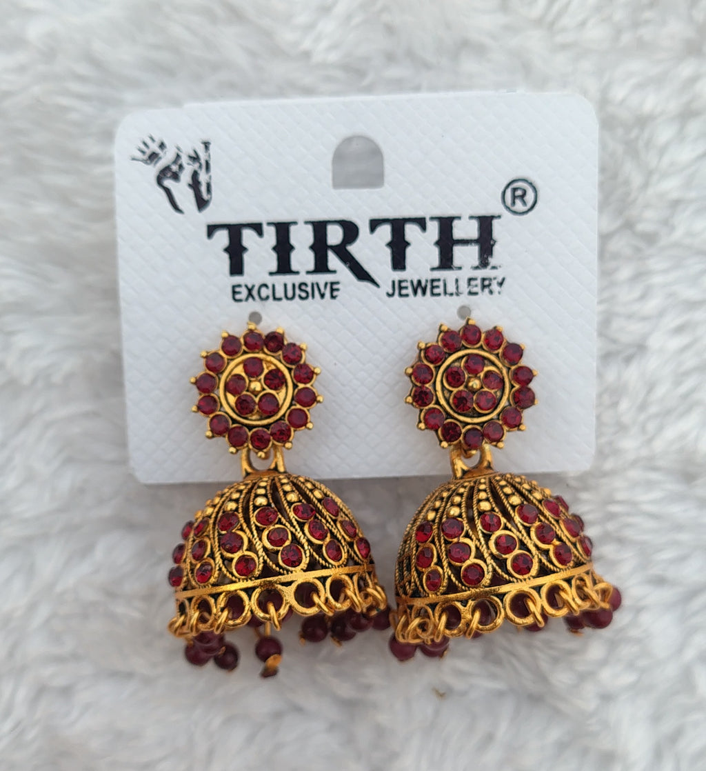 Traditional Stone Jhumka Earrings – Antique Gold Finish