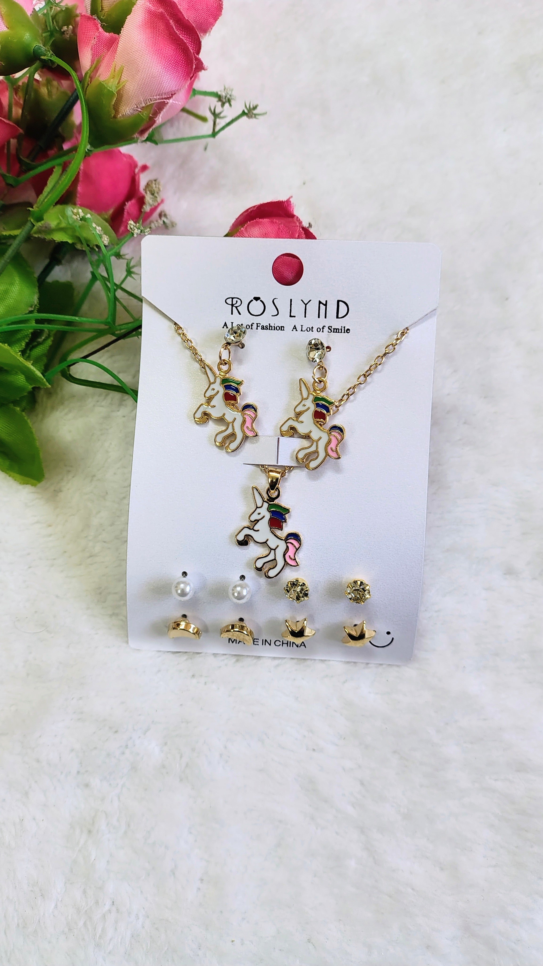 Unicorn Pendant Necklace & Earrings Combo Set (5 Pairs + Chain)