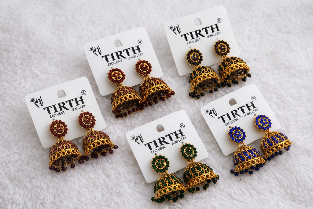 Traditional Stone Jhumka Earrings – Antique Gold Finish