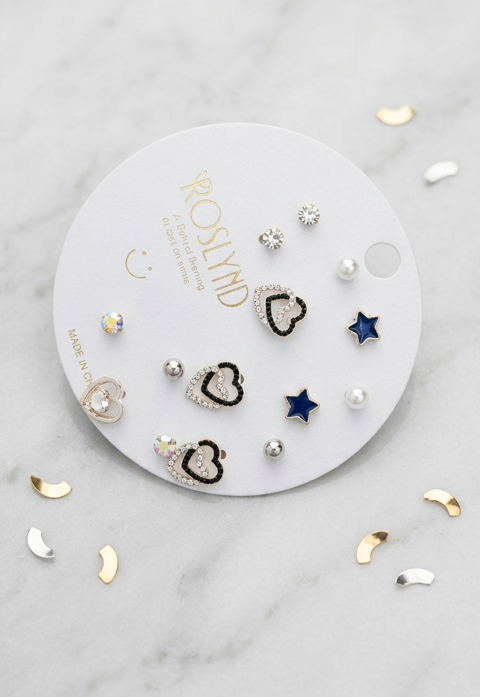 The Roslynd "Midnight Stars & Hearts" 6-Pair Earring Set