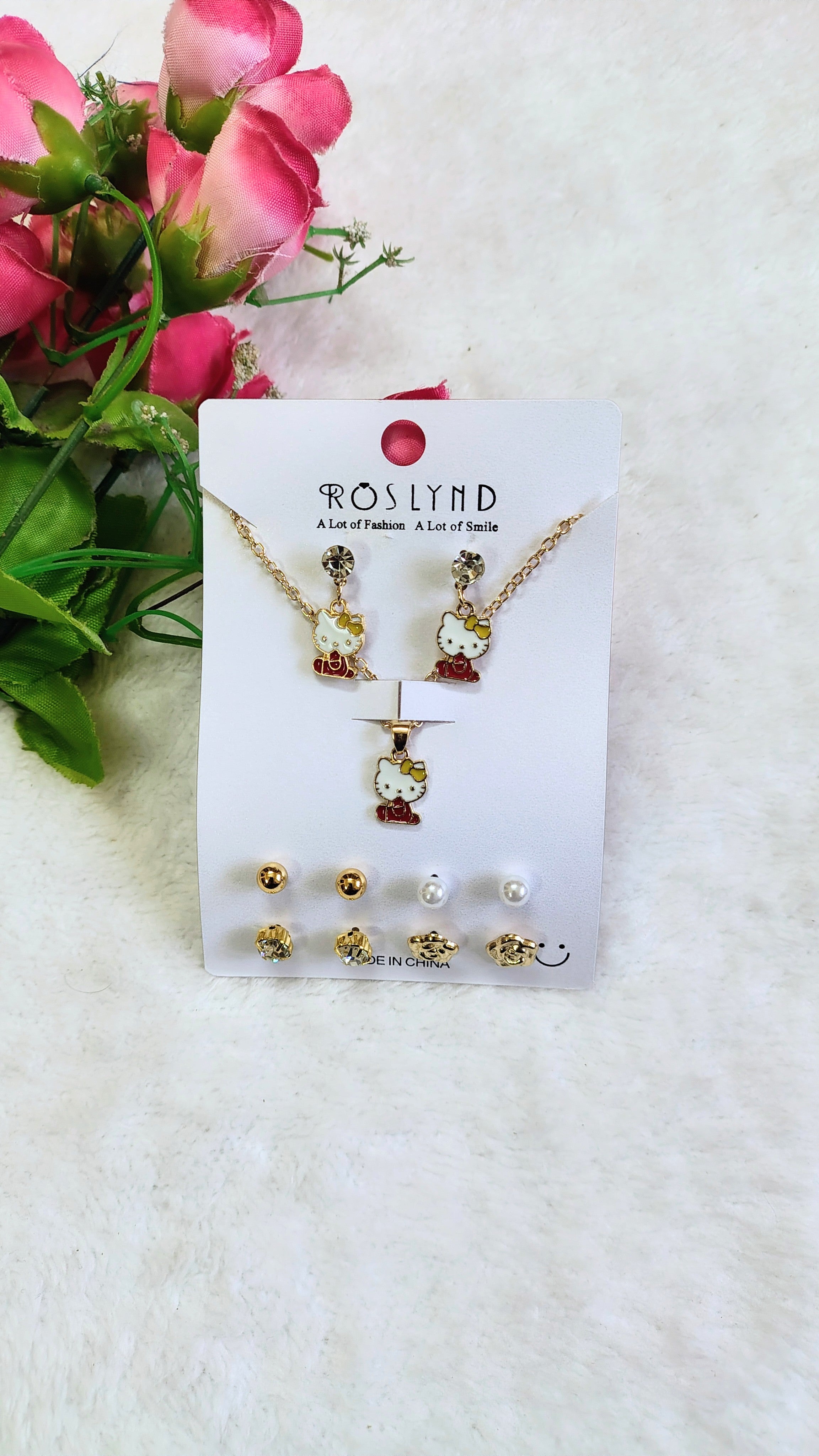 Hello kitty Pendant Necklace & Earrings Combo Set (5 Pairs + Chain)